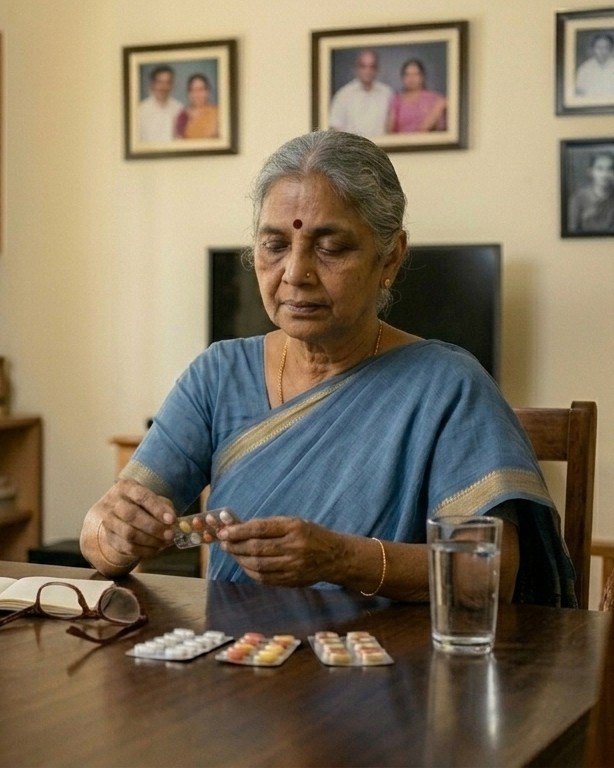 An elderly woman sorting her daily medication at the dining table beside a glass of water and her reading glasses