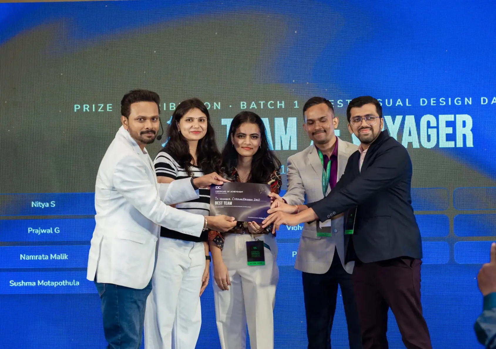 The MedEase team receiving the Best Team certificate on stage at the hackathon prize distribution