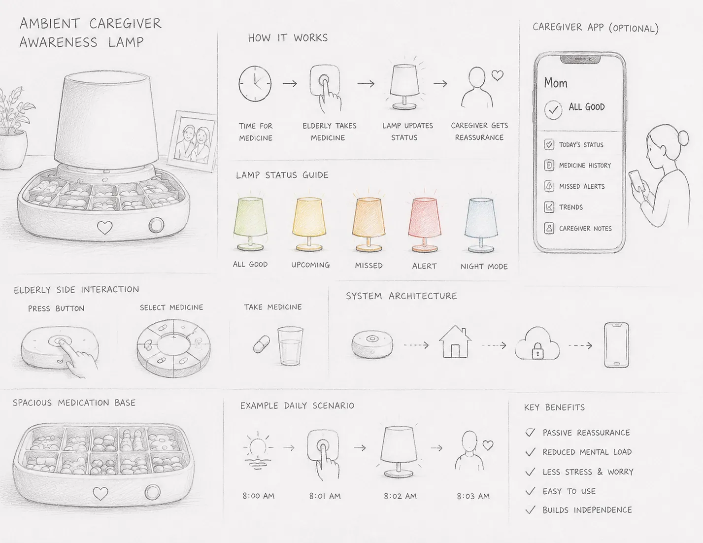Hand-drawn concept board for the Ambient Caregiver Awareness Lamp, showing how it works, lamp status guide, elderly interaction, system architecture and key benefits