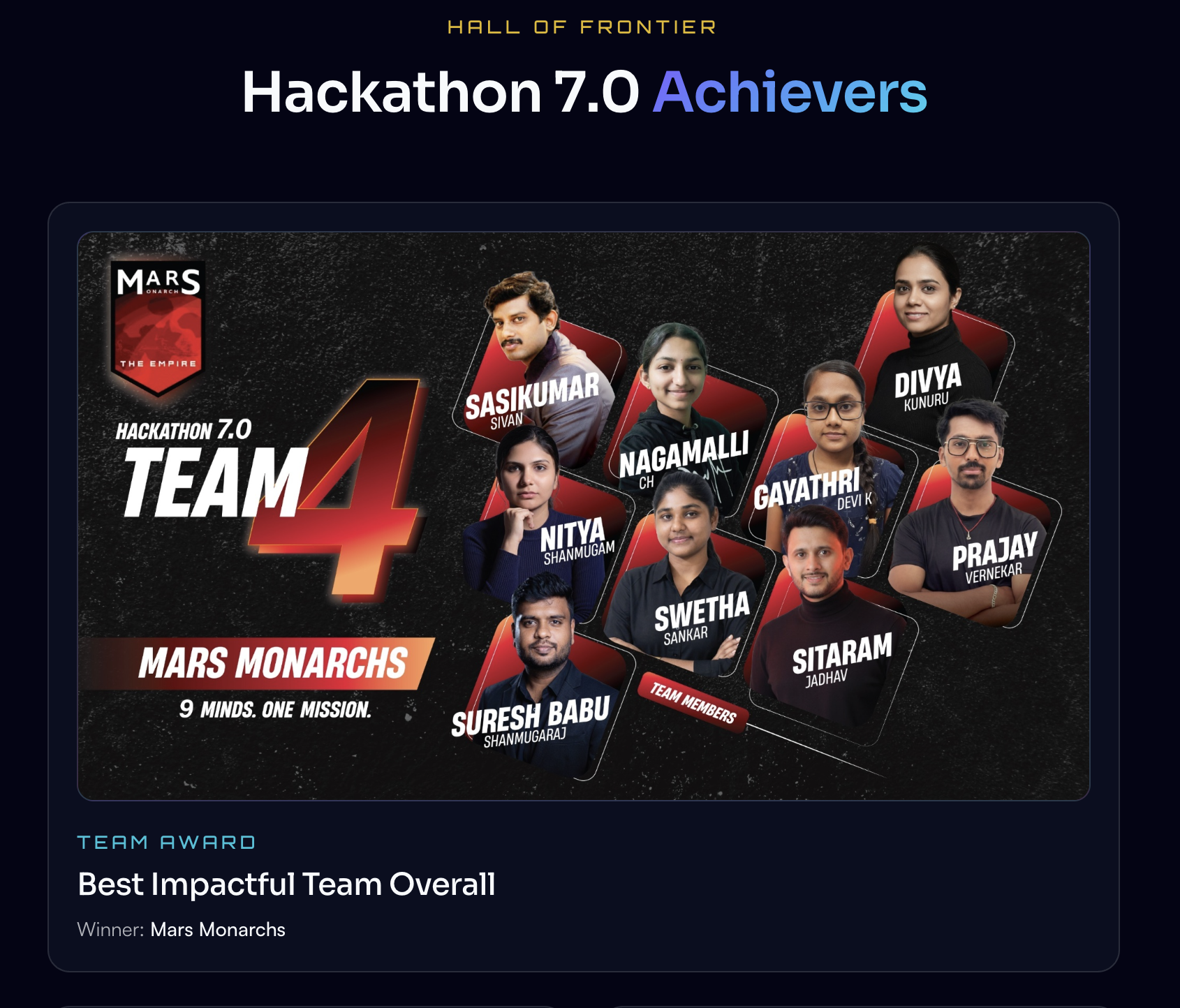 Hackathon 7.0 Achievers — Mars Monarchs recognised as Best Impactful Team Overall at Design for Change.