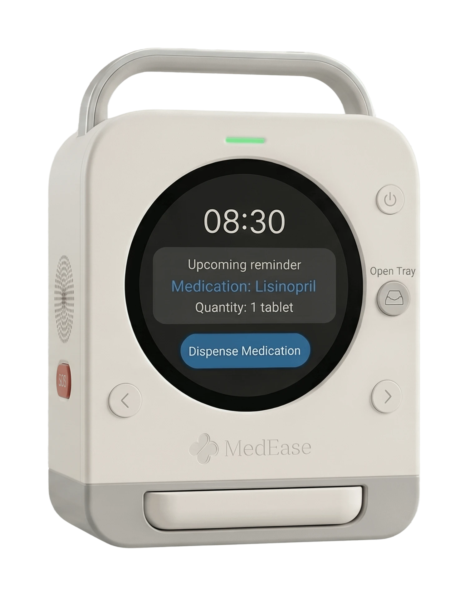 The MedEase smart medication dispenser showing an upcoming reminder on its circular display