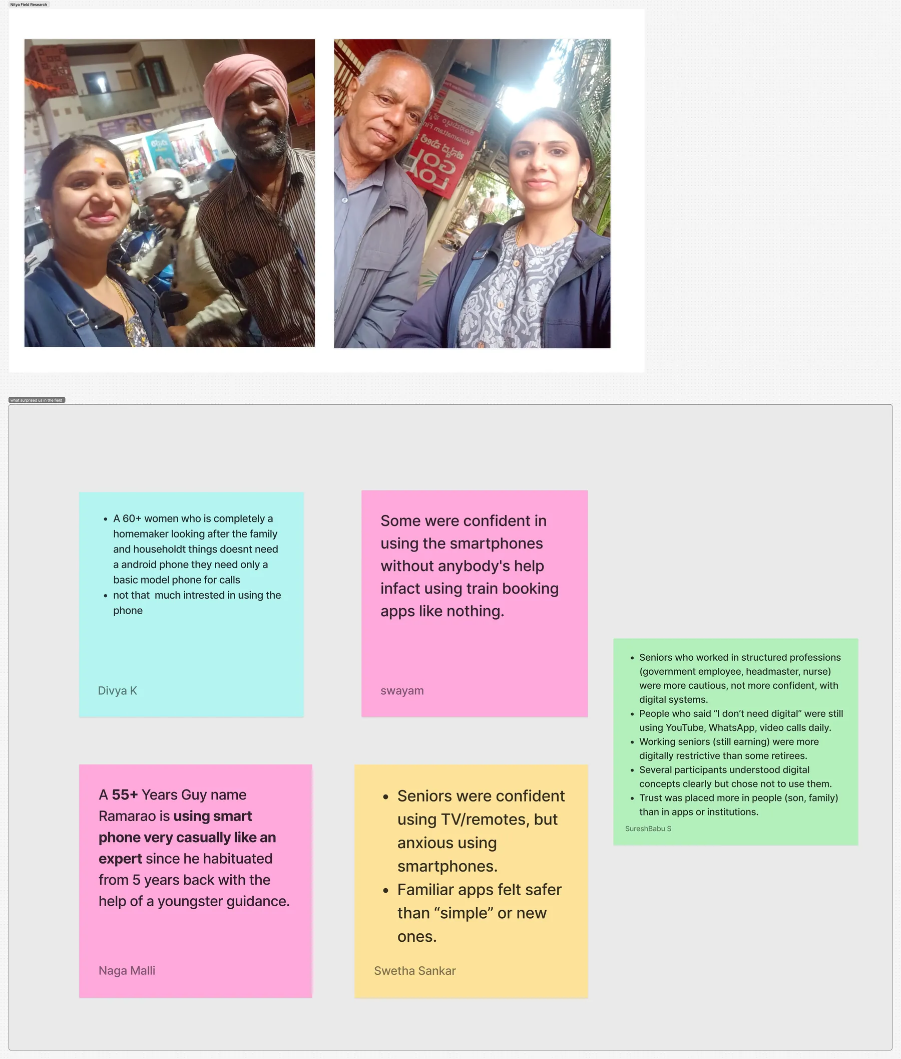 FigJam affinity board — clustered participant quotes across behaviour, friction, coping and emotion.